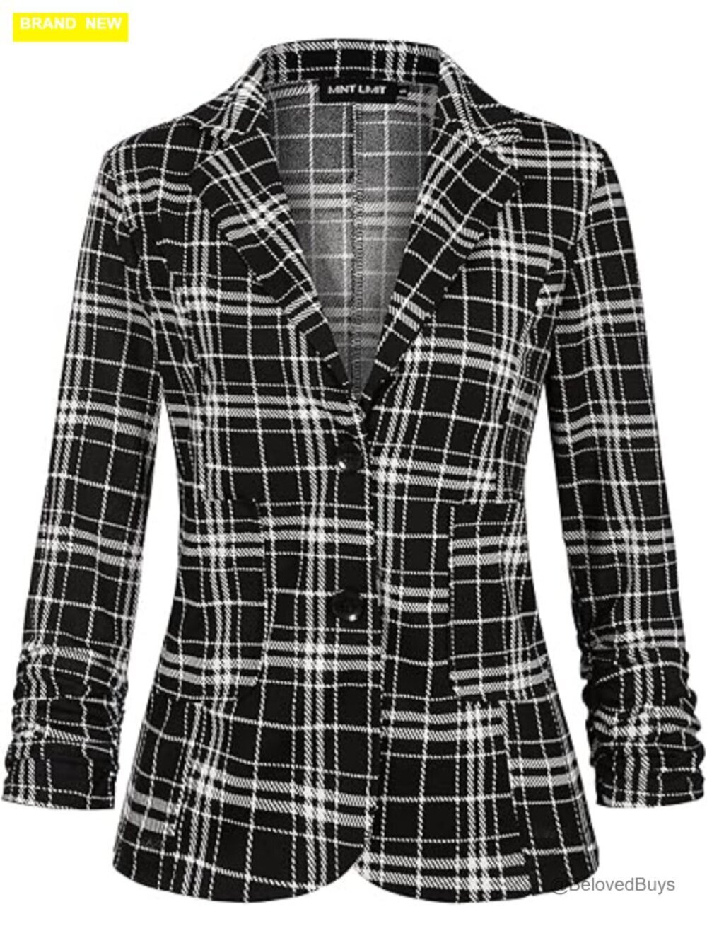 Women's Casual Work Blazer with 3/4 Ruched Sleeves, Button Front, Pockets
